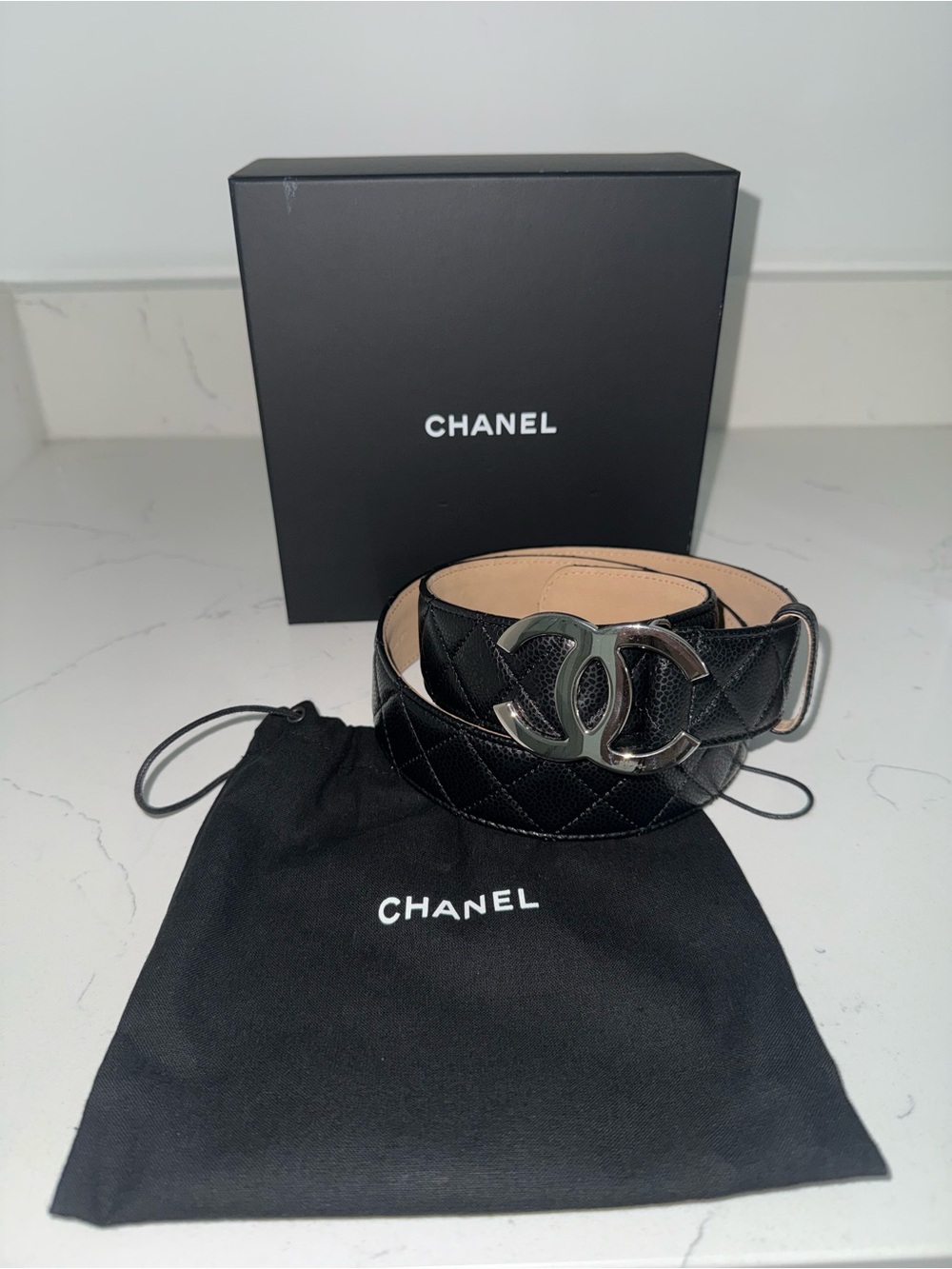 CHANEL Black Quilted Leather Belt with Silver CC Buckle